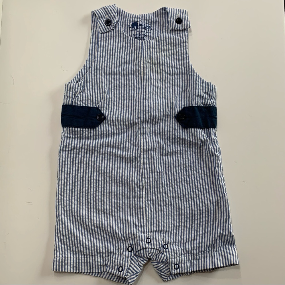 Seersucker Shorterall Romper, Navy stripe Overalls